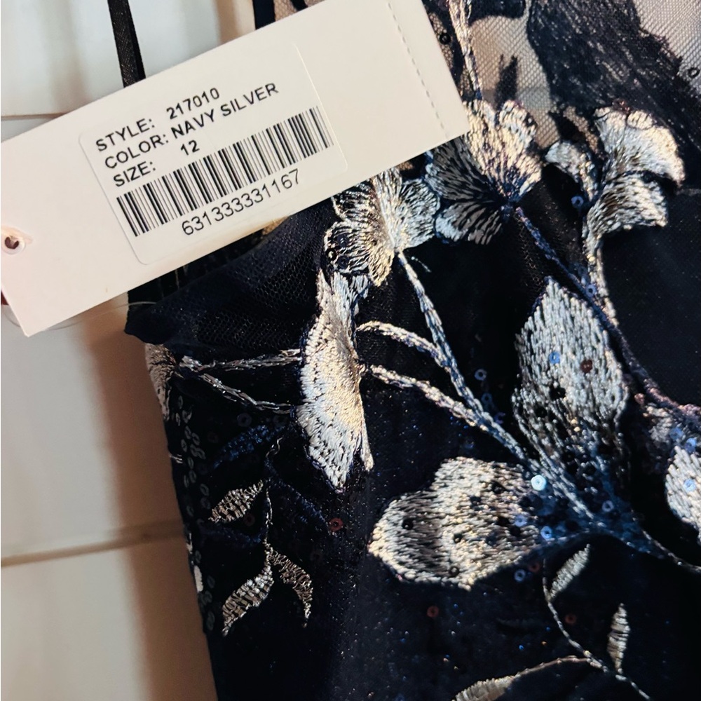 Teri Jon Navy Maxi Dress with Silver Floral Embroidery - Picture 8 of 14